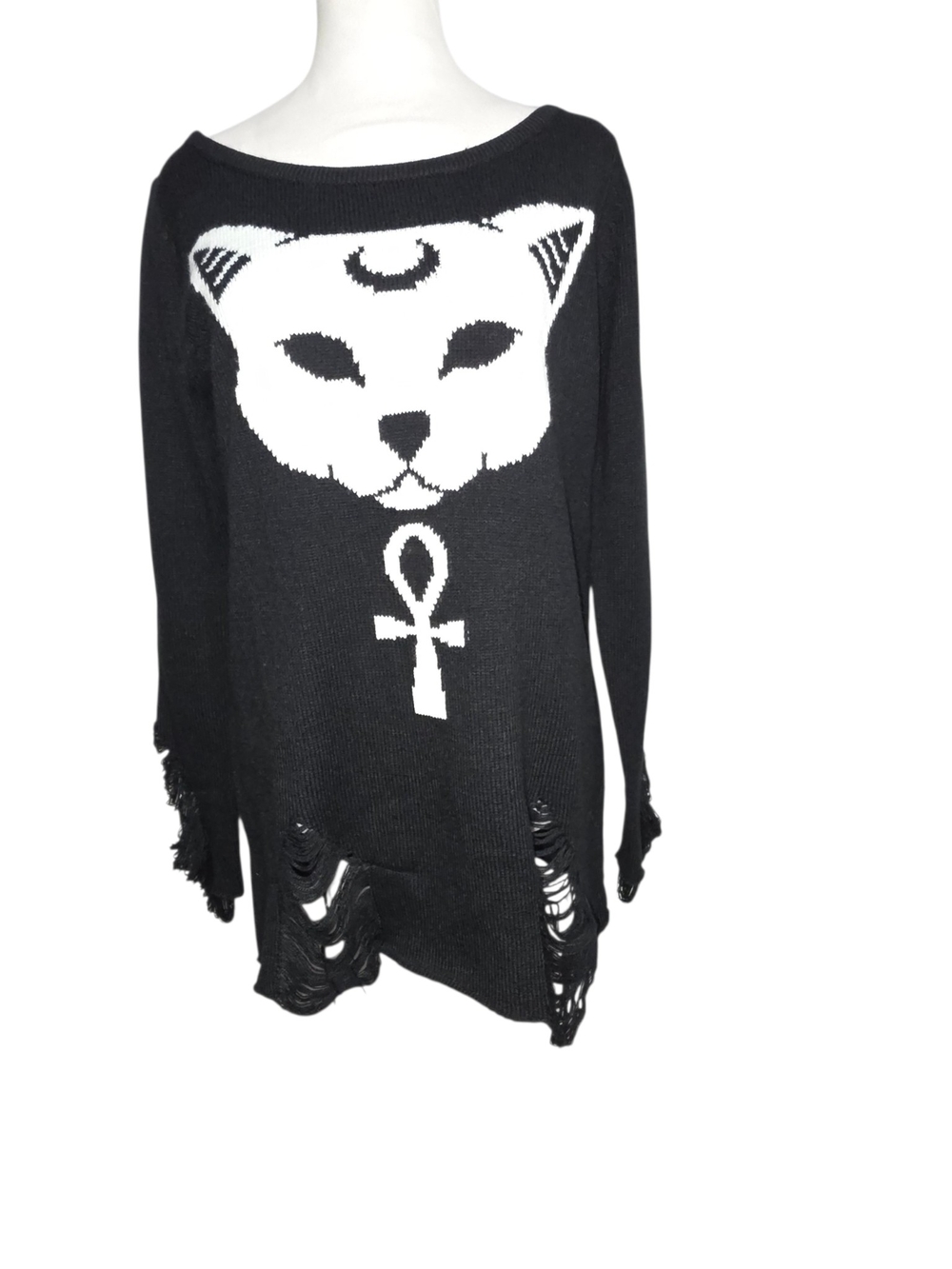 Killstar Black Distressed Cat Sweater Sz Small Goth Grunge Witchy Oversized Knit